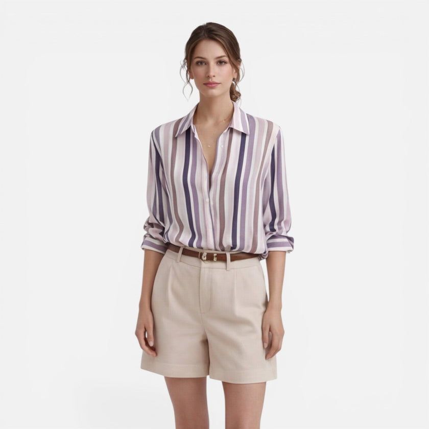 Lightweight women's vertical stripe summer blouse by FJØRNA, featuring stylish vertical stripes and a relaxed fit.