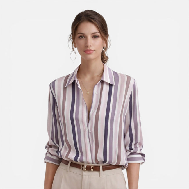Lightweight women's summer blouse with vertical stripes from FJØRNA, featuring a relaxed fit and stylish design.