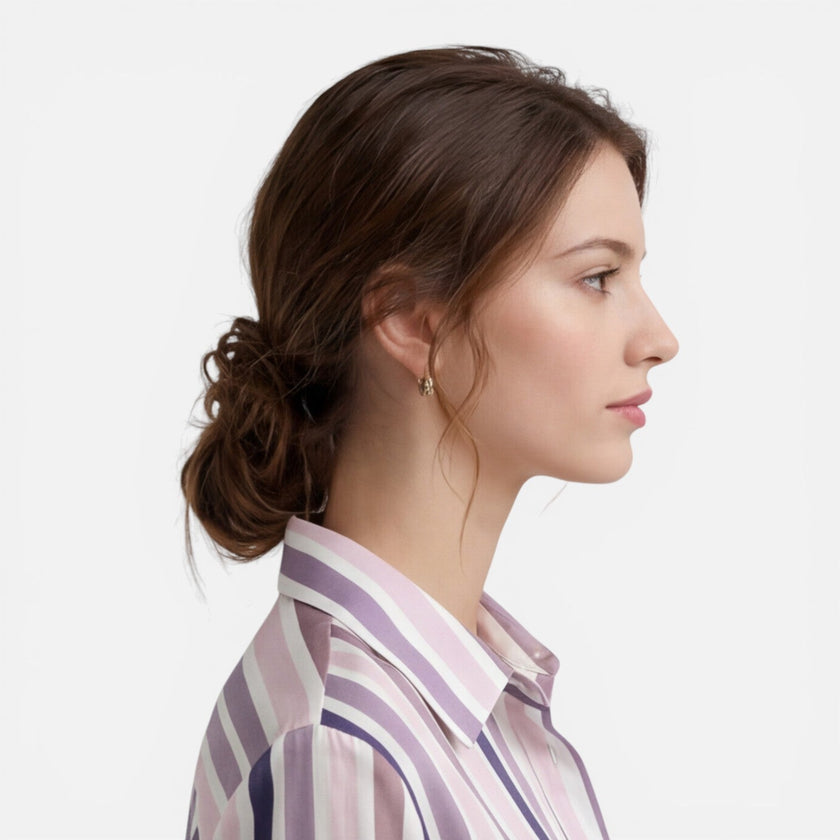 FJØRNA women's lightweight summer blouse with vertical white and navy stripes, long sleeves, and a relaxed fit.