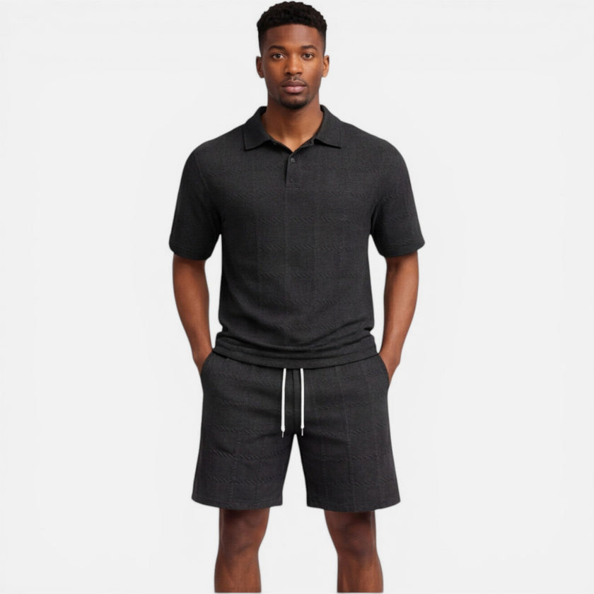 Men's structured knit polo shorts set by FJØRNA featuring breathable fabric, perfect for stylish summer wear.