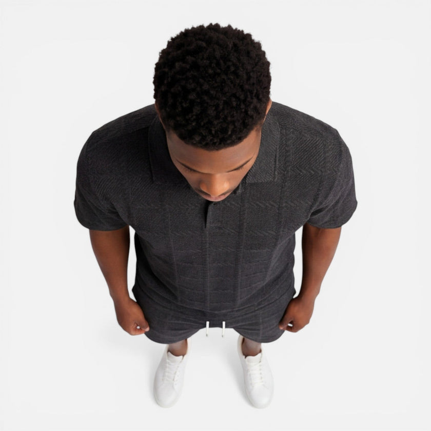 Men's structured knit polo shorts set by FJØRNA, breathable summer luxury men's set with stylish design and comfortable fit.