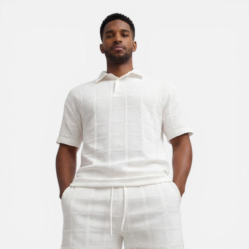 Men's breathable summer knit polo shorts set by FJØRNA, featuring a structured design and comfortable fit for warm weather.