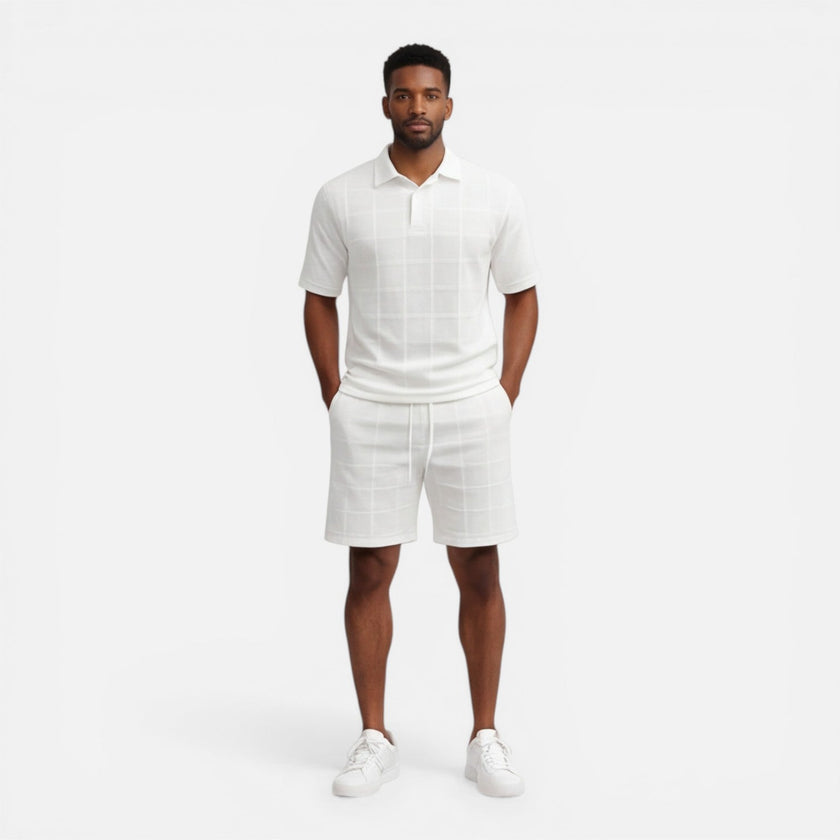 Men's structured knit polo shorts set by FJØRNA, breathable summer two-piece ensemble featuring stylish design and comfortable fit.