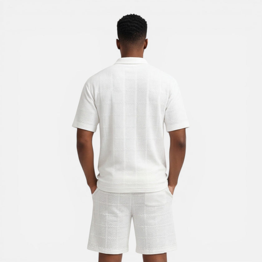 Men's breathable summer knit polo shorts set by FJØRNA, featuring a structured design and casual style for warm weather.