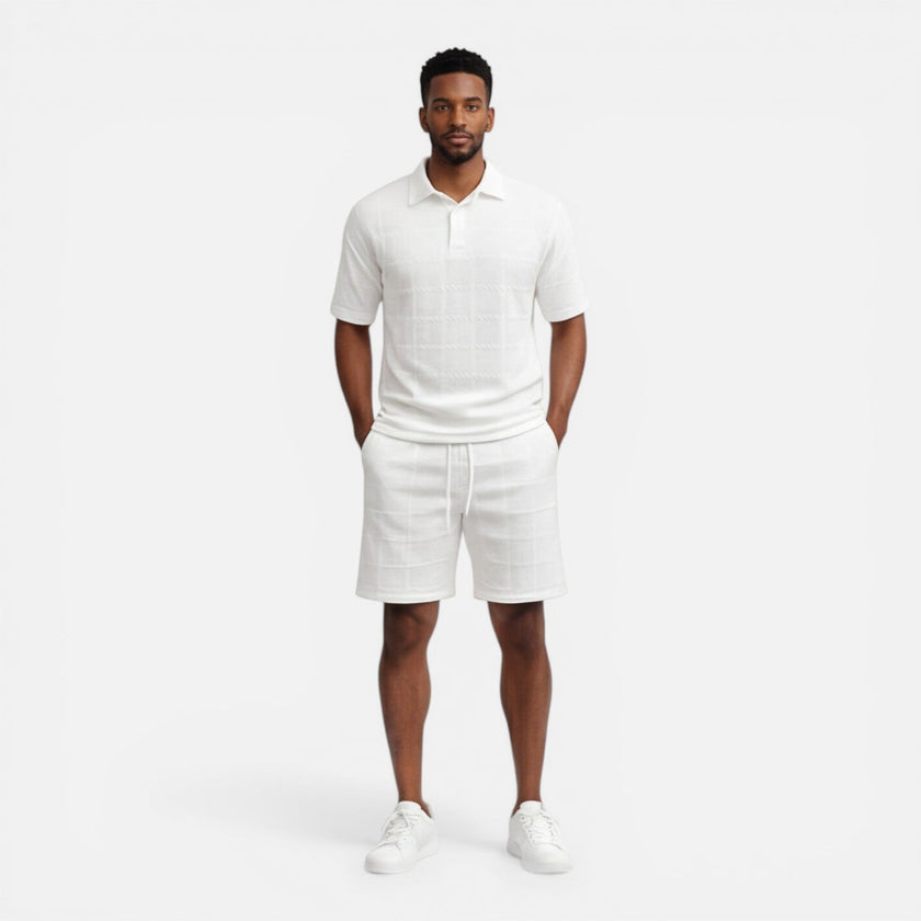 Men's breathable summer knit polo shorts set by FJØRNA, featuring a structured design and comfortable fit for warm weather.