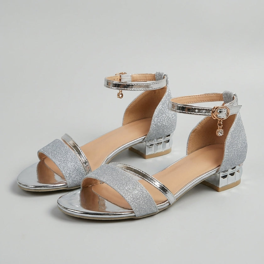 FJØRNA orthopedic metallic block heel ankle strap sandals for women, featuring sleek design and comfortable fit.