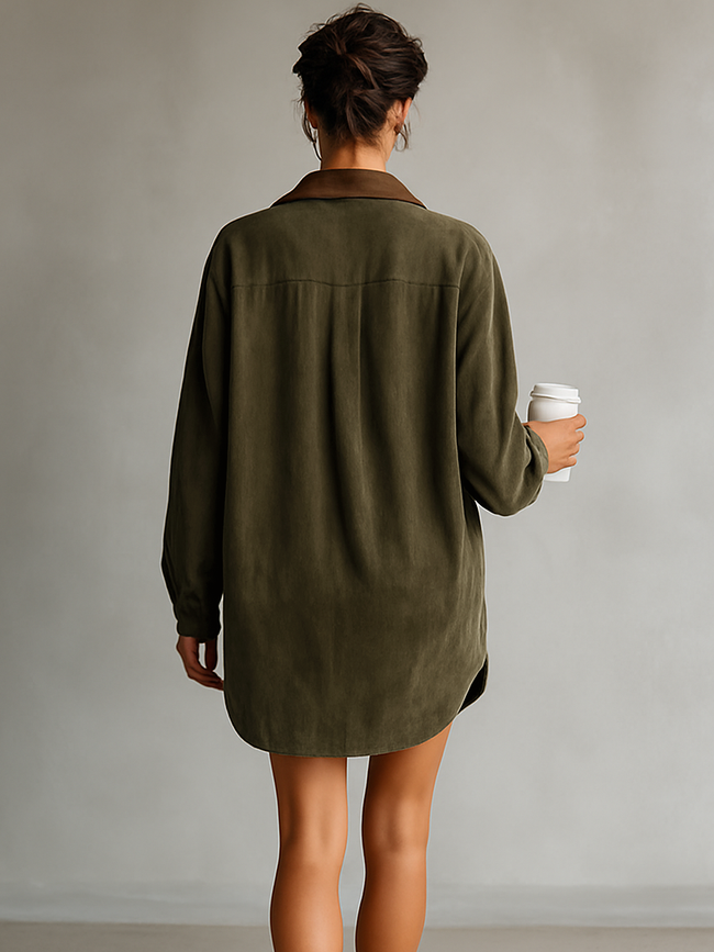 FJØRNA suede mini dress for women, featuring a fitted silhouette and stylish design, shown on a model.