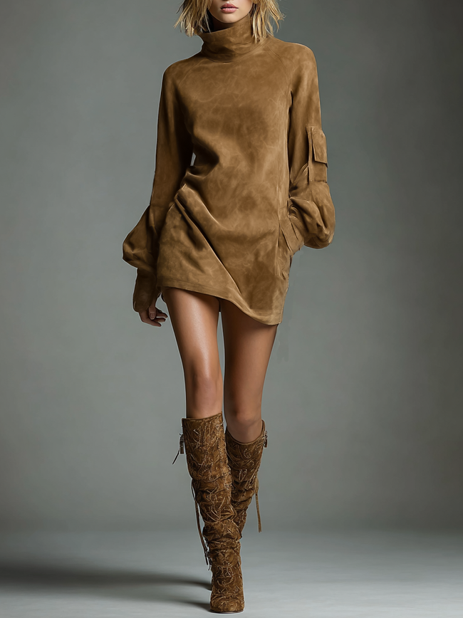 FJØRNA women's suede turtleneck mini dress, featuring a fitted silhouette and long sleeves, on a neutral background.