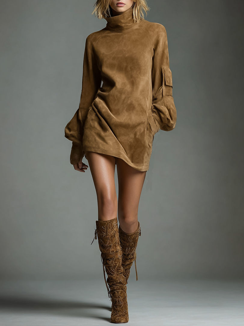 Suede Turtleneck Mini Dress Womens For Women