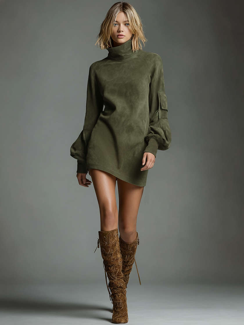 Suede Turtleneck Mini Dress Womens For Women