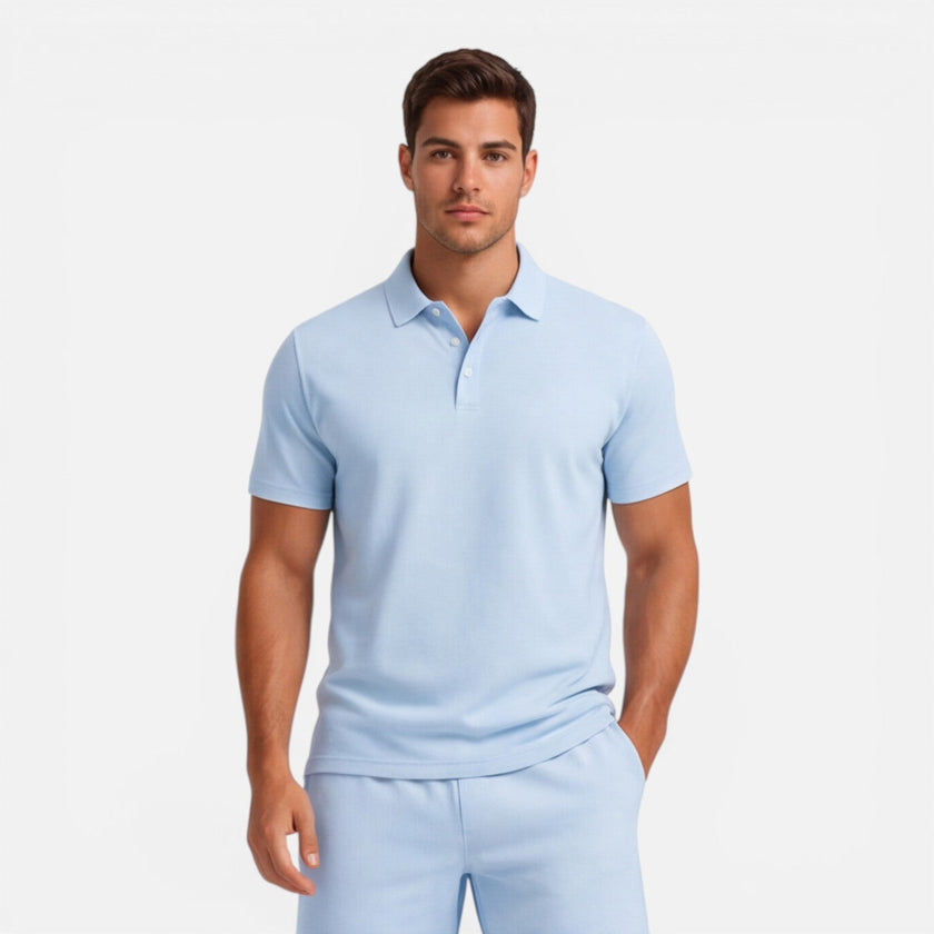 Men's slim fit polo shirt and shorts set by FJØRNA, perfect for summer casual wear, featuring a comfortable, stylish design.