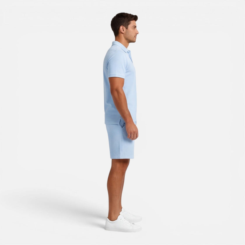 Men's slim fit polo shirt and shorts set by FJØRNA, perfect for summer casual wear, featuring a stylish and comfortable design.
