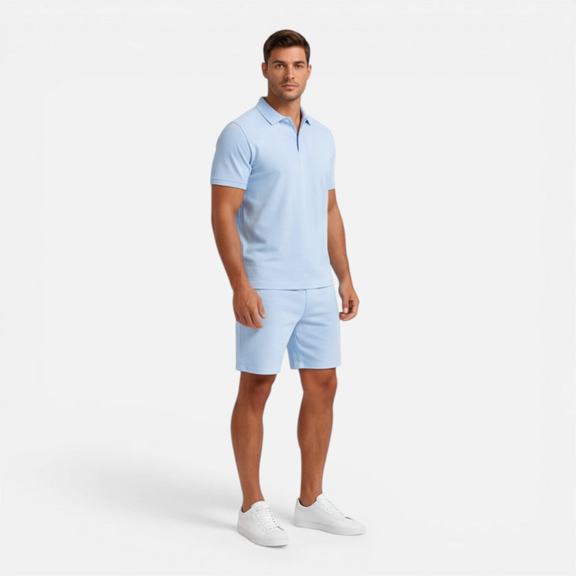 Men's slim fit polo shirt and shorts set by FJØRNA, perfect for casual summer wear, featuring a stylish and comfortable design.