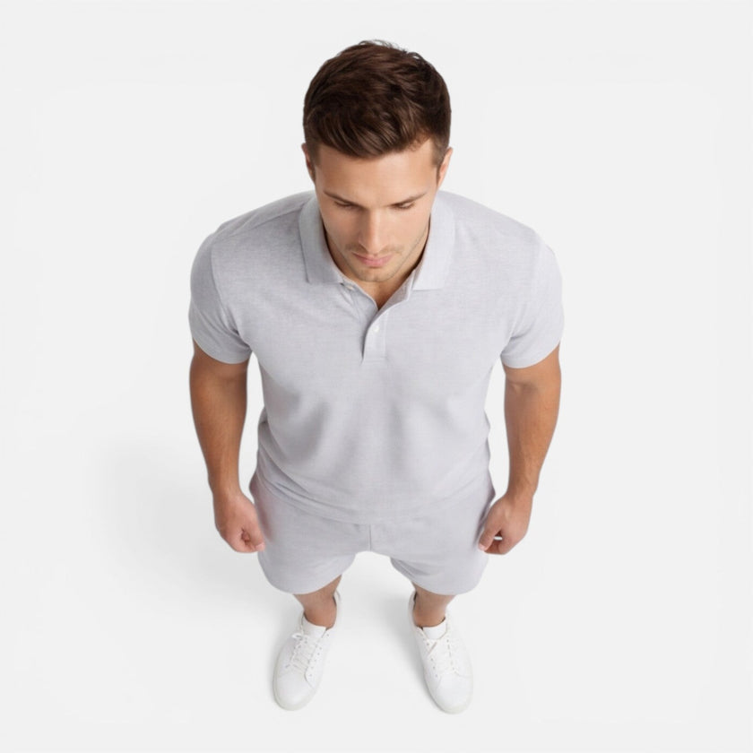 Men's slim fit polo shirt and shorts summer set by FJØRNA, casual men's outfit with a stylish and comfortable look.