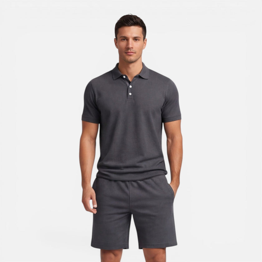 Men's slim fit polo shirt and shorts summer set by FJØRNA, casual men's outfit, stylish and comfortable for warm weather.