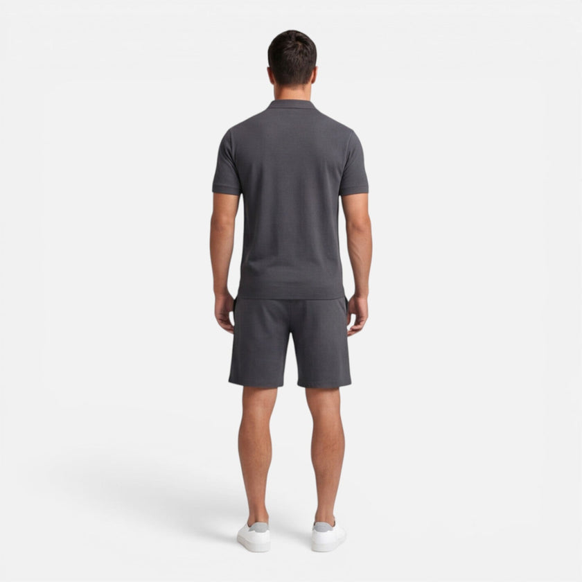 Men's slim fit polo shirt and shorts set by FJØRNA, stylish summer casual outfit for men, featuring a comfortable and modern design.