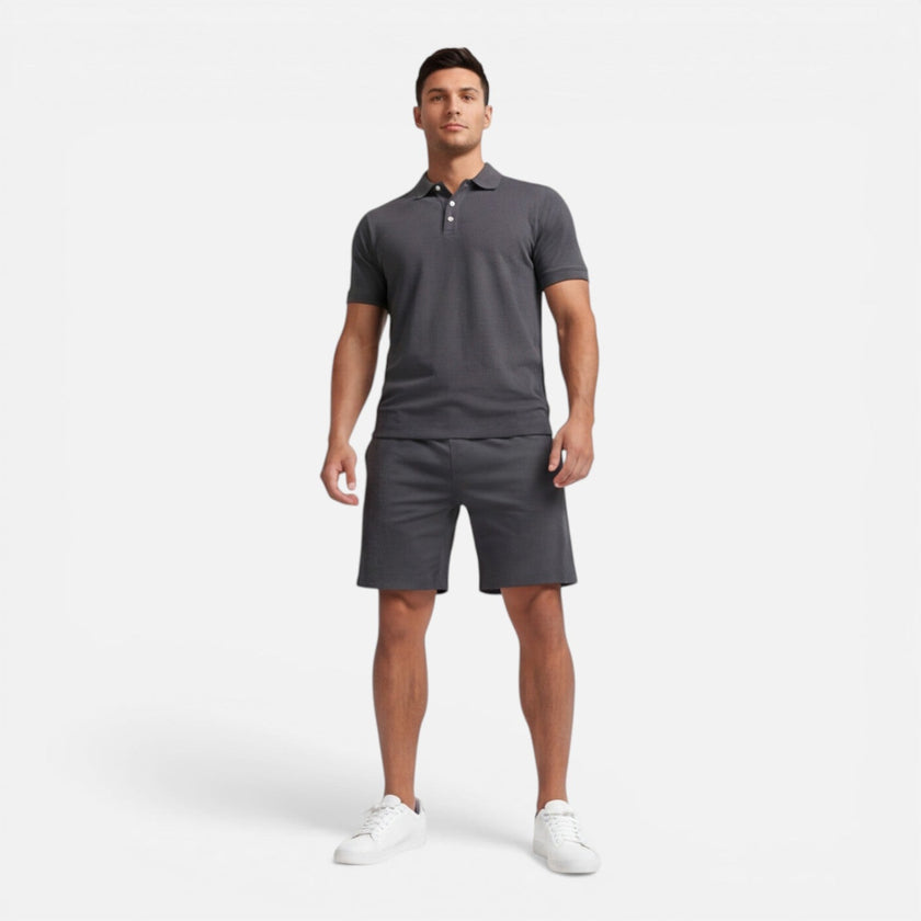 Men's slim fit polo shirt and shorts set by FJØRNA, perfect for summer casual wear, featuring a stylish and comfortable design.