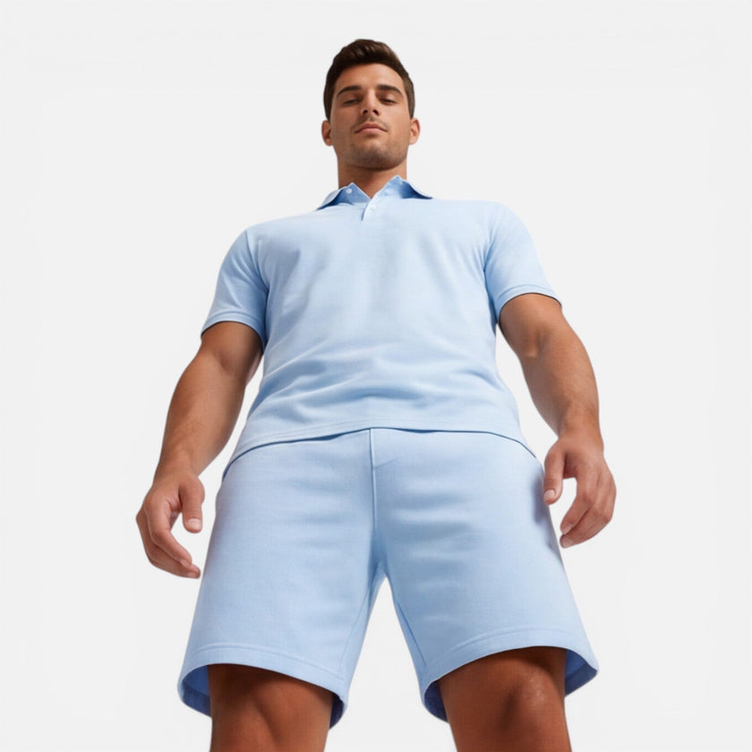 Men's slim fit polo shirt and shorts set by FJØRNA, perfect for summer casual wear, featuring a comfortable and stylish design.