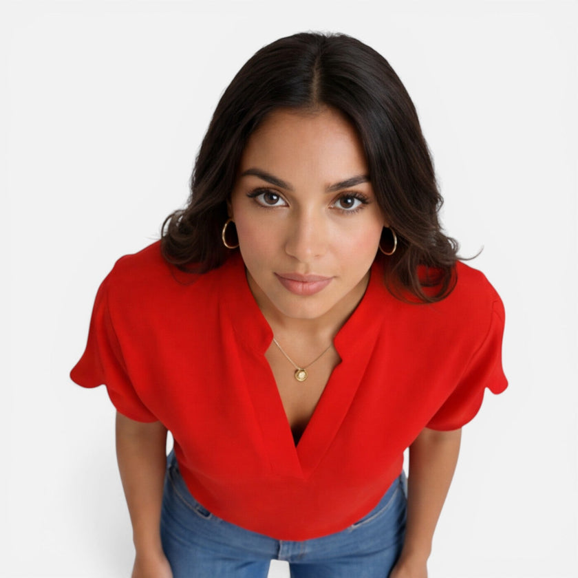 Women's lightweight chiffon blouse by FJØRNA featuring a V-neck and casual summer style, perfect for warm weather.
