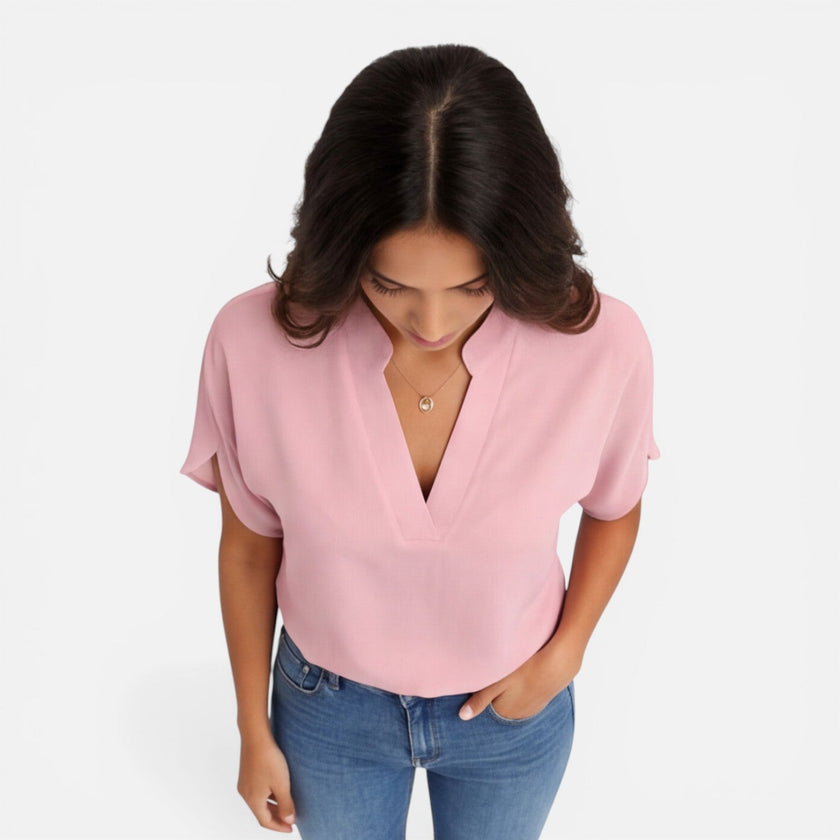 Lightweight women's chiffon V-neck blouse by FJØRNA, casual summer top with flowing fabric and relaxed fit, ideal for warm weather.
