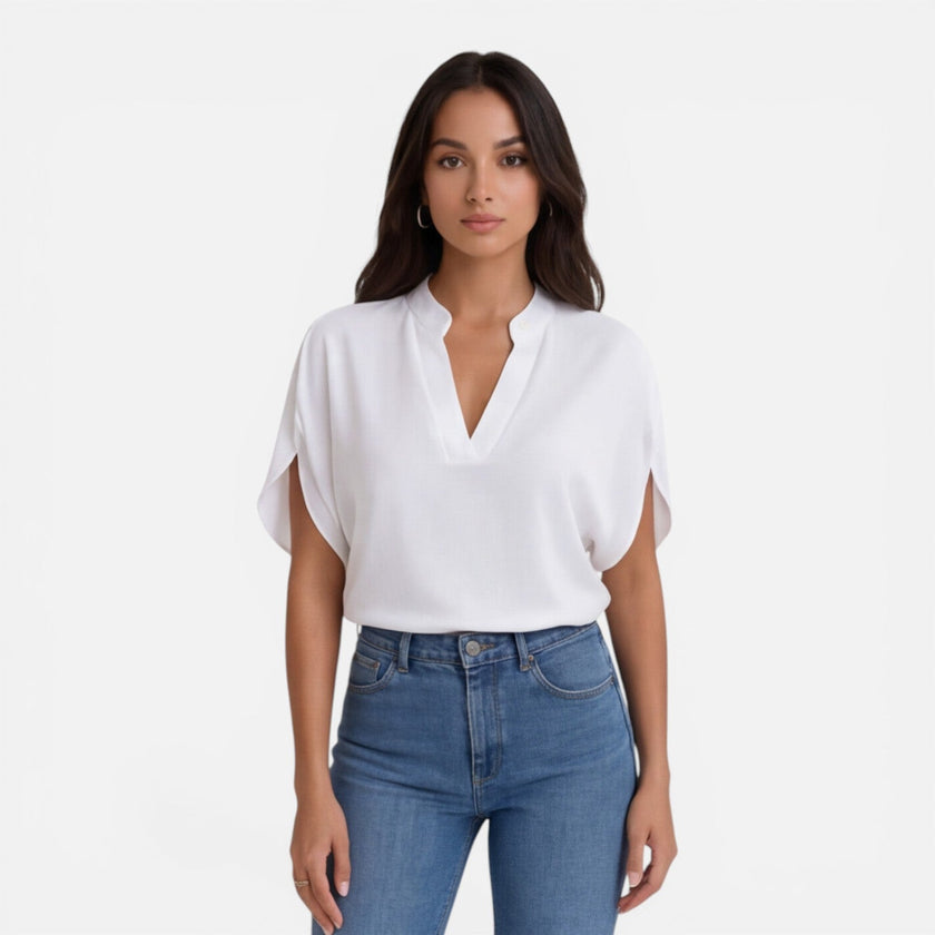 Lightweight women's chiffon blouse with V-neck, casual summer top by FJØRNA, featuring a flowy, airy design perfect for warm weather.