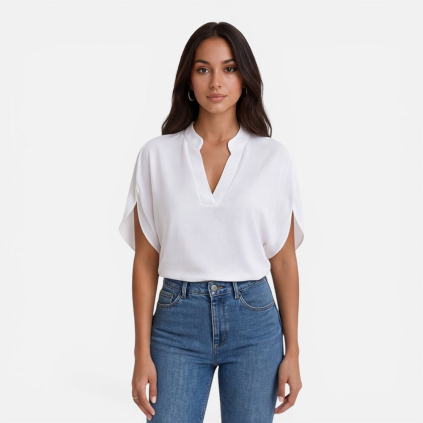 FJØRNA women's lightweight chiffon V-neck summer blouse, casual and breezy top with flowy fabric and relaxed fit.