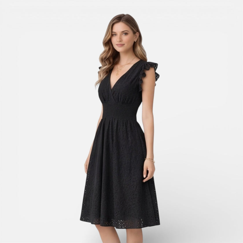 Women's elegant summer midi dress by FJØRNA featuring cotton lace fabric, perfect for wedding guest attire.