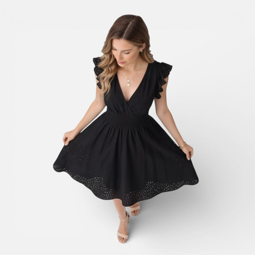 Elegant women's summer midi dress by FJØRNA featuring cotton lace fabric, perfect for wedding guest attire.