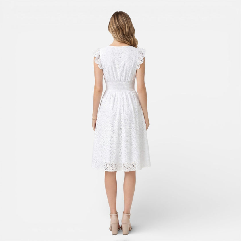Elegant women's summer midi dress by FJØRNA featuring cotton lace, perfect for wedding guest attire and warm weather wear.