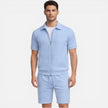 Men's summer matching set by FJØRNA featuring a zip shirt and drawstring shorts, slim fit, perfect for warm weather.