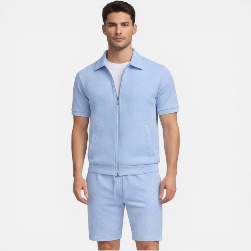 Men's summer matching set by FJØRNA featuring a zip shirt and drawstring shorts, slim fit, perfect for warm weather.