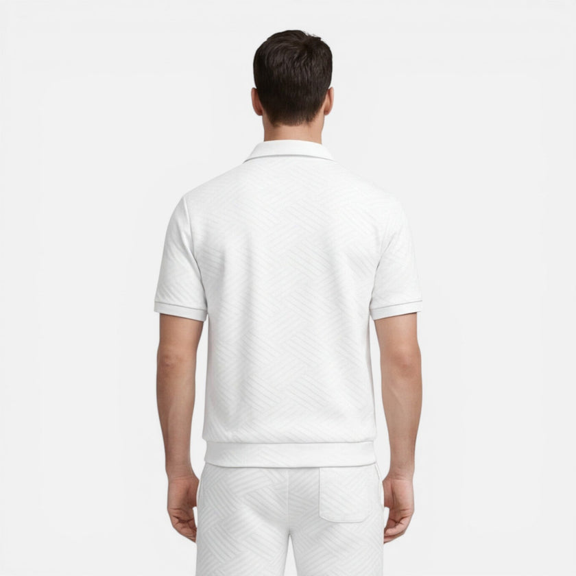 Men's summer matching set with zip shirt and drawstring shorts, slim fit, by FJØRNA, ideal for warm weather casual wear.