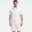 Men's summer matching set by FJØRNA featuring a zip shirt and drawstring shorts, slim fit, perfect for warm weather.
