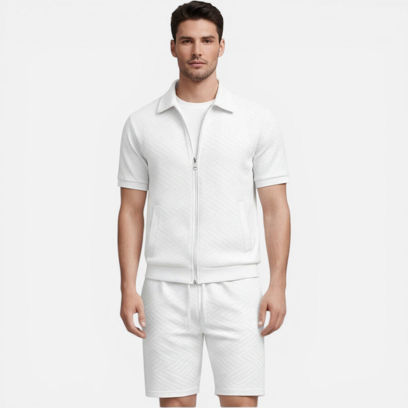 Men's summer matching set by FJØRNA featuring a zip shirt and drawstring shorts, slim fit, perfect for warm weather.