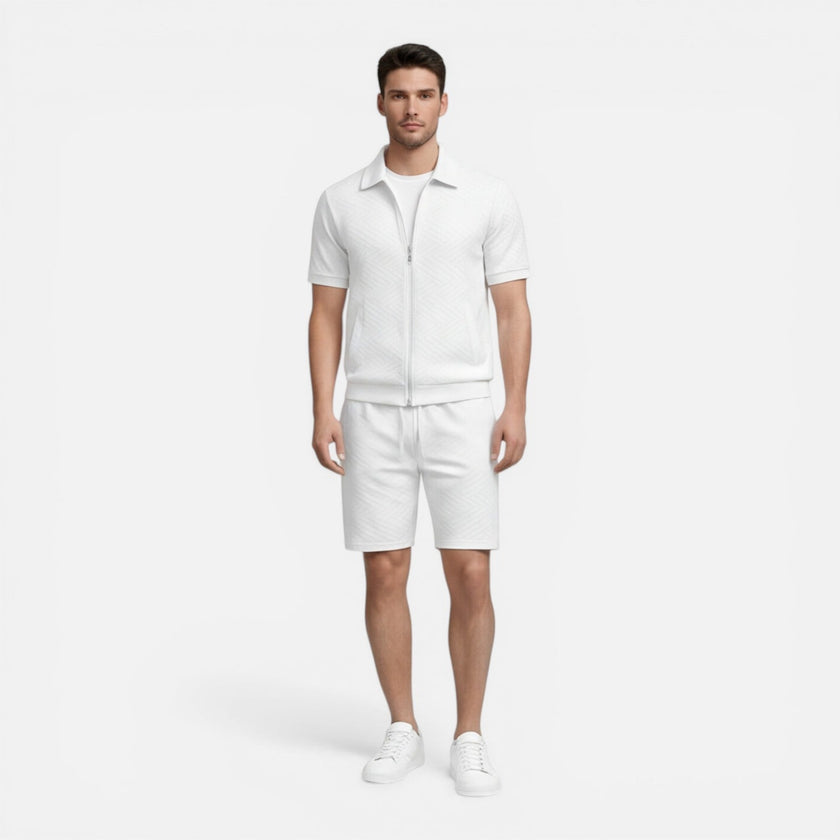 Men's summer matching set by FJØRNA featuring a zip shirt and drawstring shorts in a slim fit style.