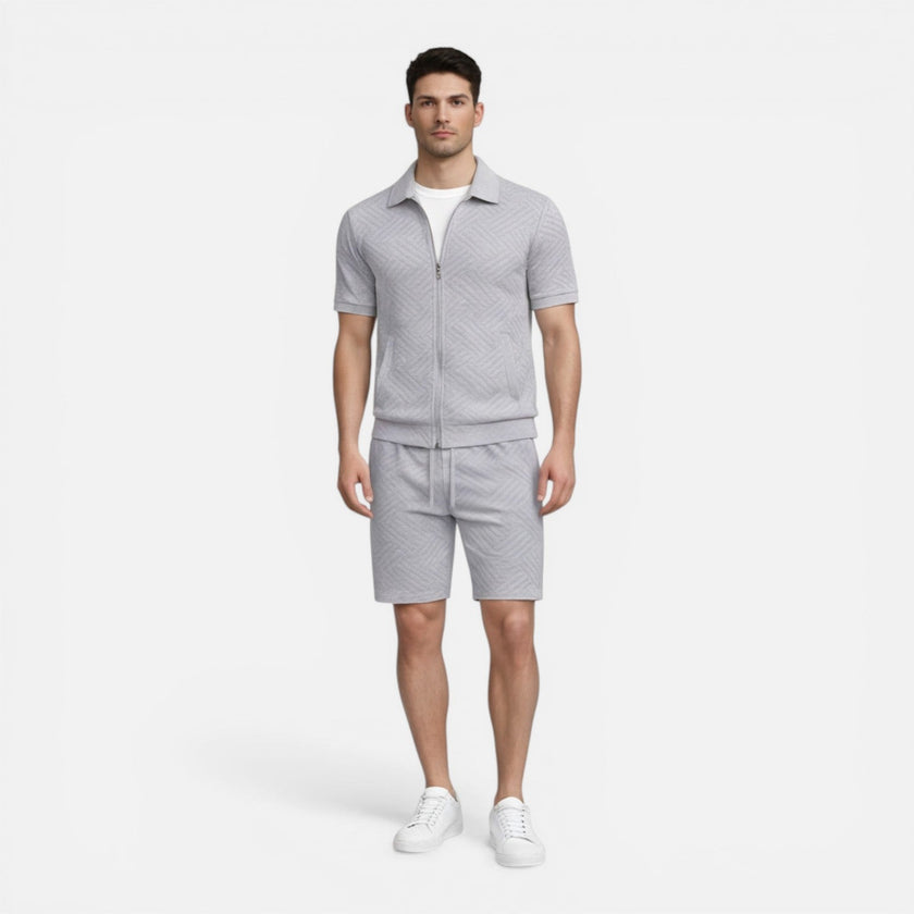 Men's summer matching set by FJØRNA with zip shirt and drawstring slim-fit shorts, ideal for warm weather.