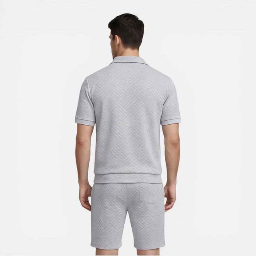 Men's summer matching set by FJØRNA with zip shirt and drawstring shorts, slim fit, lightweight and casual for warm weather.