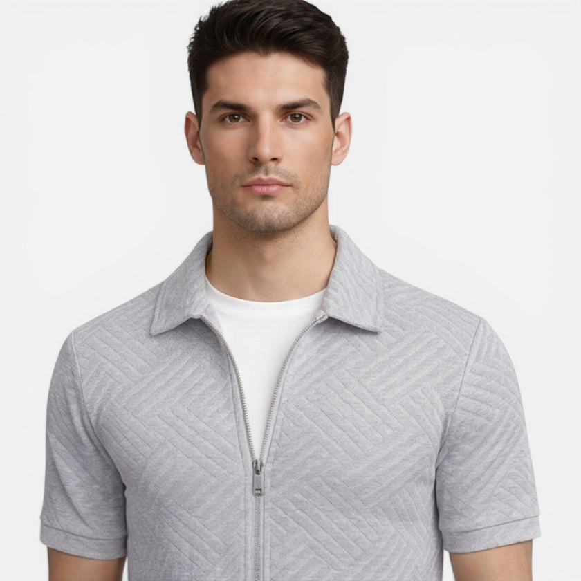 Men's summer matching set by FJØRNA featuring a zip shirt and drawstring shorts, slim fit, ideal for casual warm-weather wear.