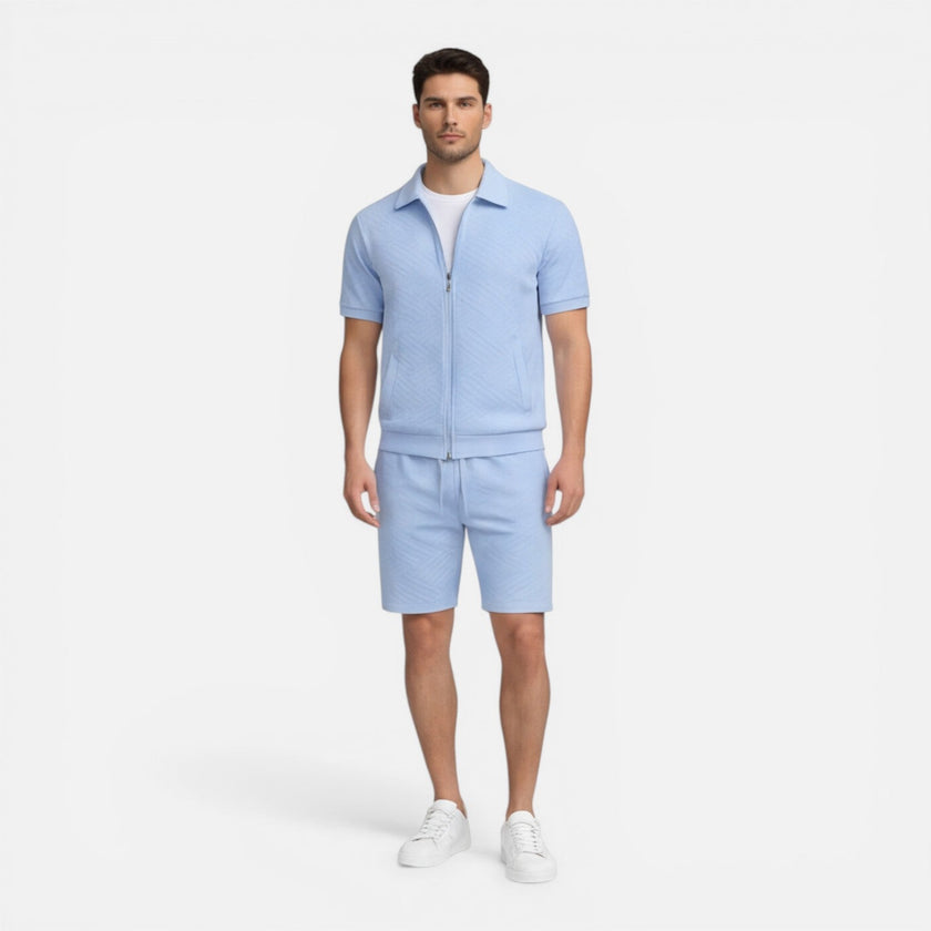 Men's summer matching set by FJØRNA featuring a zip shirt and drawstring shorts, slim fit, ideal for casual warm-weather wear.
