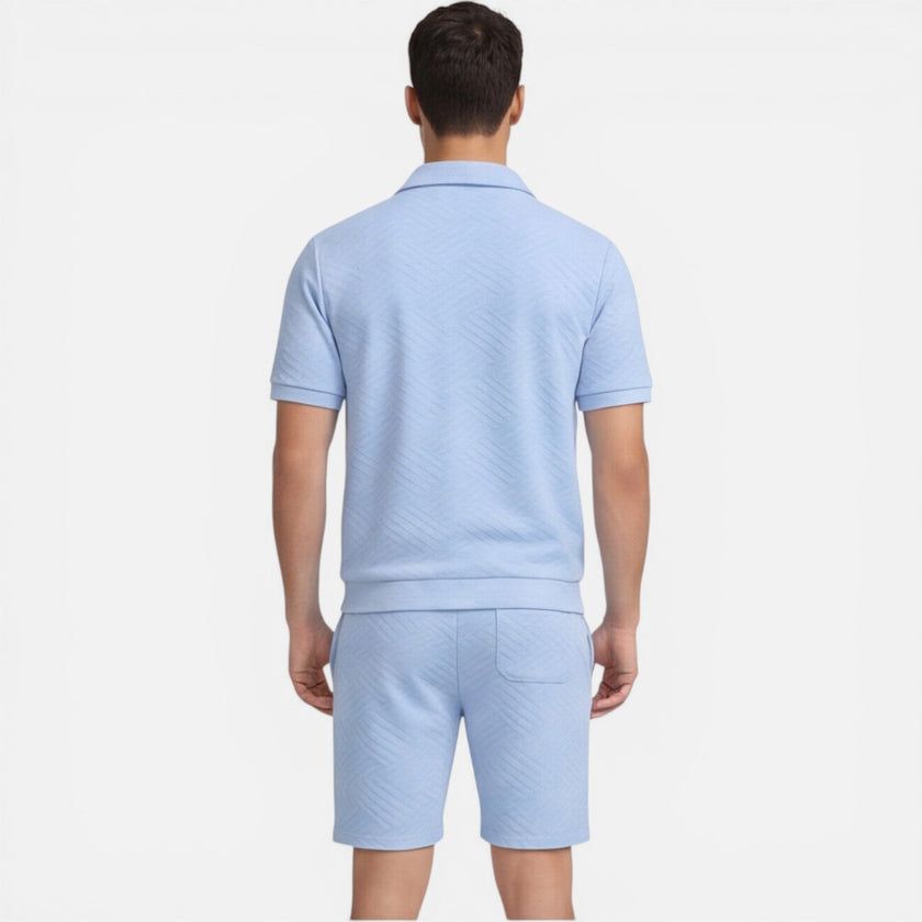 Men's summer matching set by FJØRNA featuring a zip shirt and drawstring shorts, slim fit, ideal for casual warm-weather wear.