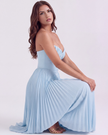 FJØRNA women's strapless pleated maxi dress with corset bodice, featuring a flowing skirt and elegant topaz color.