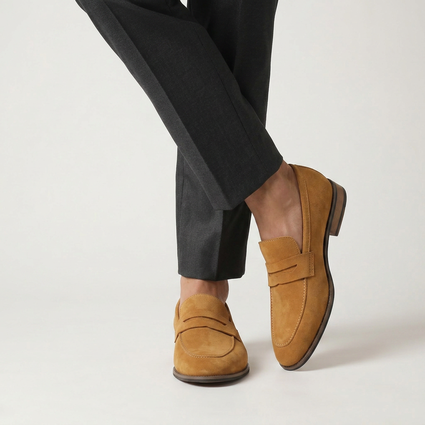 FJØRNA men's tan suede slip-on loafers with crossed legs, showcasing stylish and elegant summer men's shoes.