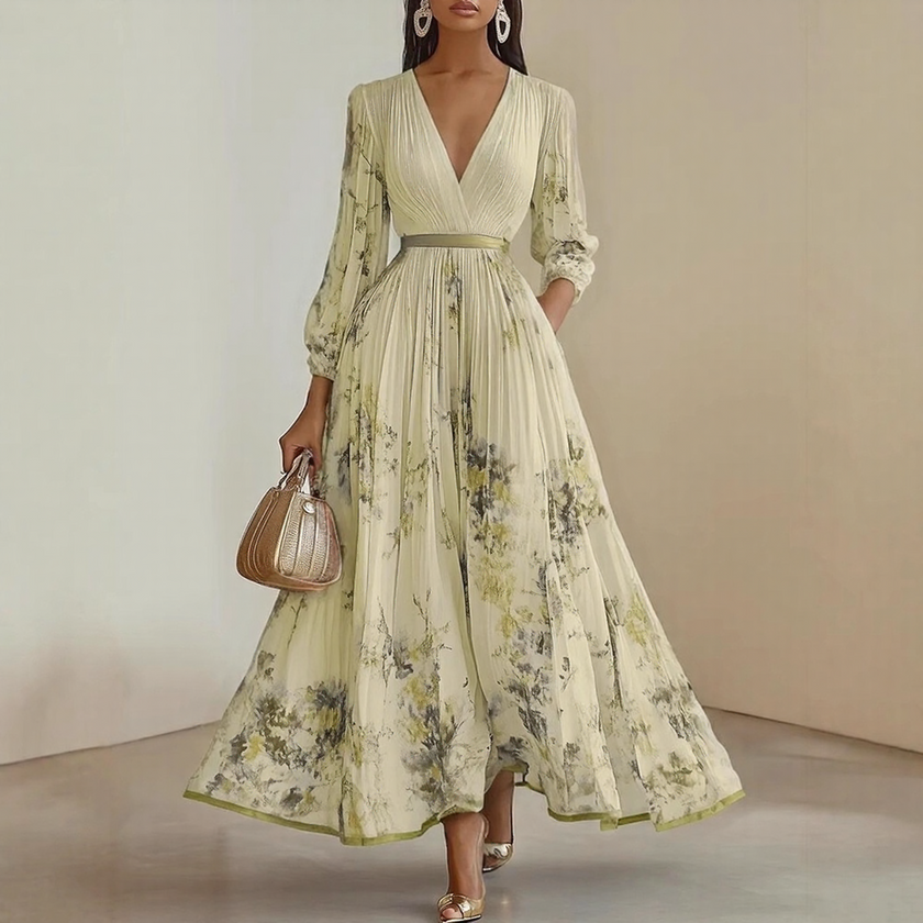 FJØRNA pleated belted A-line maxi dress for women, featuring a flowing silhouette and stylish waistband, perfect for summer wear.