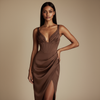FJØRNA satin midi dress for women, sleeveless with smooth finish, ideal for evening wear, in a stylish mocha color.