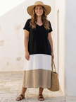 FJØRNA women's summer midi dress with V-neck and short sleeves in color block design, perfect for casual warm-weather wear.