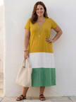 FJØRNA summer midi dress for women with V-neck, short sleeves, color block design, casual style, perfect for warm weather