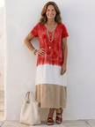 FJØRNA women's summer midi dress with short sleeves, V-neck, color block design, perfect for casual warm-weather wear