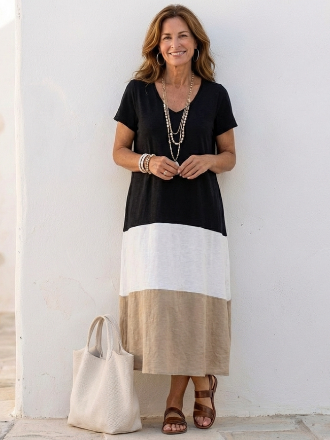 FJØRNA women's summer midi dress with short sleeves, V-neck, color block design, casual style perfect for warm weather.