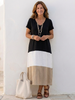 FJØRNA summer midi dress for women with short sleeves, color block design, wrap style, V-neck, casual and stylish.