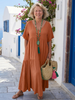 FJØRNA women's short sleeve ruffle summer maxi dress in tiered blue fabric, perfect for warm weather and casual occasions.